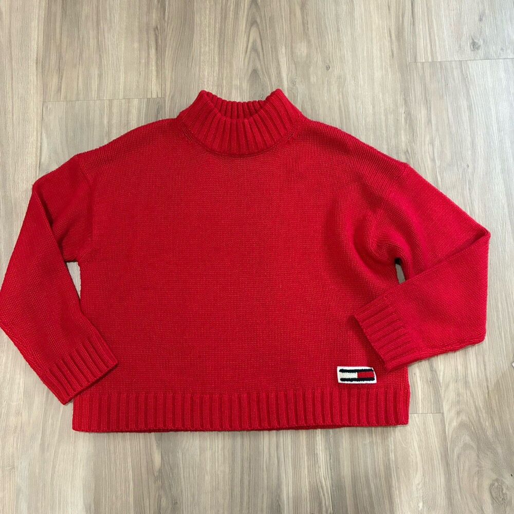 Tommy Hilfiger Sweater Crop Red Mock Turtleneck Size XL Logo Vintage 90s Y2K
